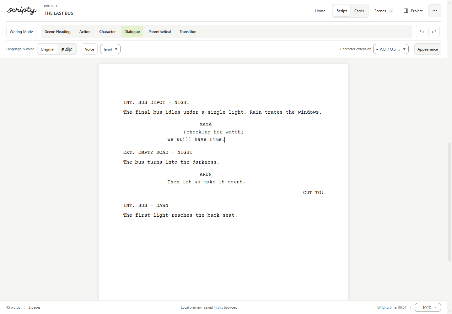 Scripty screenplay editor with a readable mobile writing surface and contextual controls